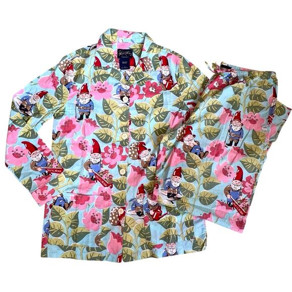Nick Nora Sz S NWT Spring Pajama Set VTG Floral Garden Gnome Cotton Logo Branded - Picture 1 of 16